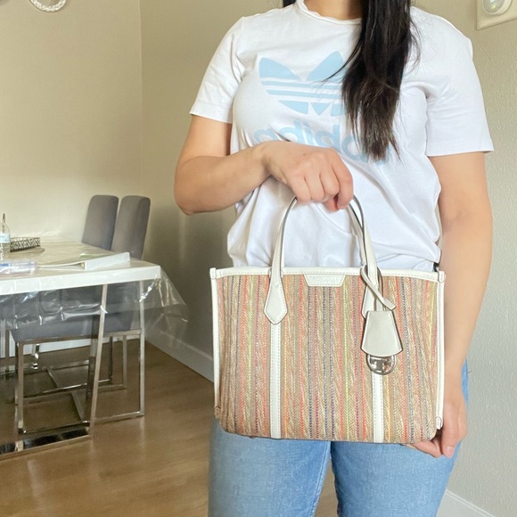 New✨tory burch perry raffia stripe triple compartment small tote - Picture 12 of 15